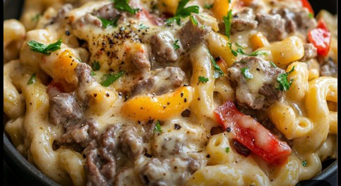 Philly cheesesteak Mac & Cheese + Collard Greens